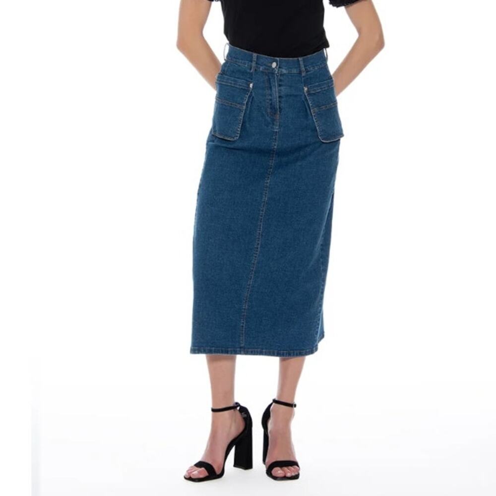 Gracia Denim Midi Skirt High Waist Utility Pockets Blue Size: S NWT